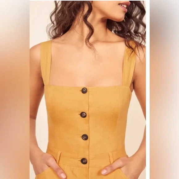 NEW REFORMATION TYLER BUTTON LINEN JUMPSUIT IN OCHRE 4 - Picture 4 of 7